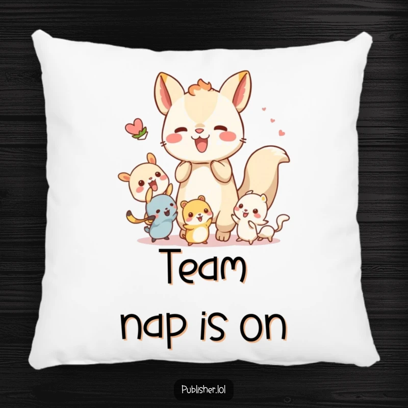 Funny pillow with a whimsical animal character energetically collaborating with tiny creatures, providing comfort and a touch of communal warmth.