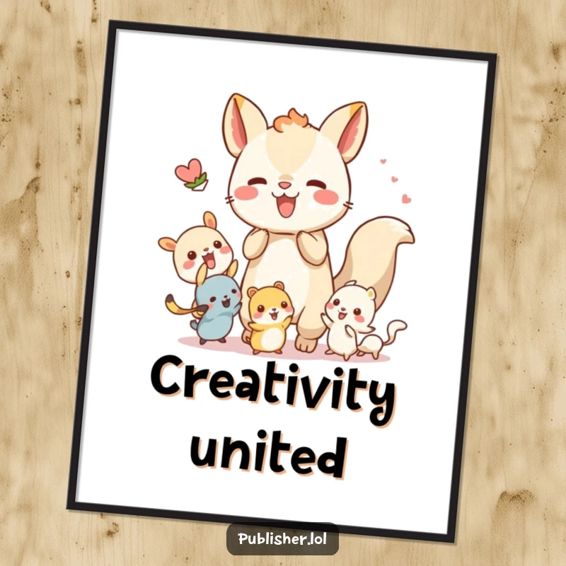 Funny digital art print of a whimsical animal character energetically collaborating with tiny creatures, perfect for inspiring teamwork and friendship.