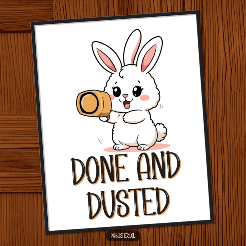 Funny digital art print of an enthusiastic bunny character stamping a massive rubber stamp, ideal for motivational home decor.