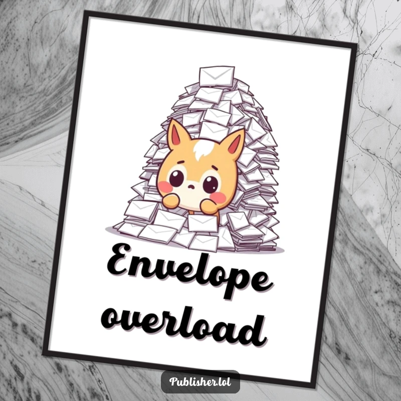 Funny digital art print of a surprised animal character facing a massive mail stack, perfect for humorous wall decor and gift-giving.