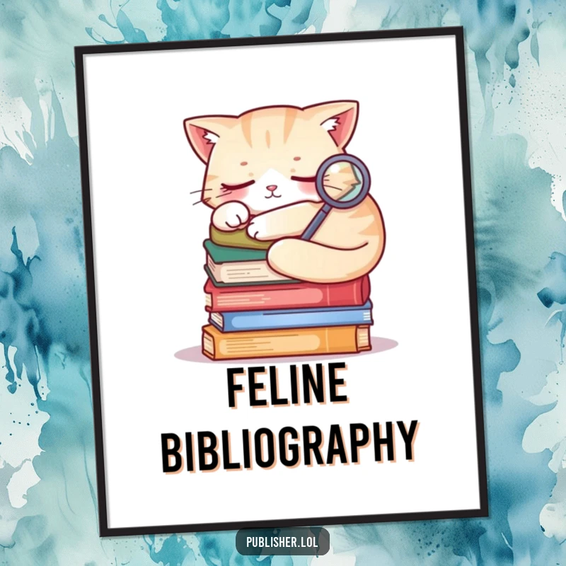 Funny sleepy cat curled on books, holding a tiny magnifying glass, high-resolution digital art print.