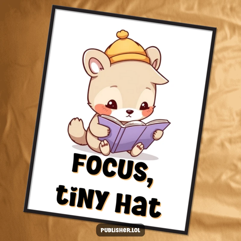 Funny digital art print of a whimsical animal wearing a tiny hat, closely inspecting a page with a magnifying glass, full of detail.