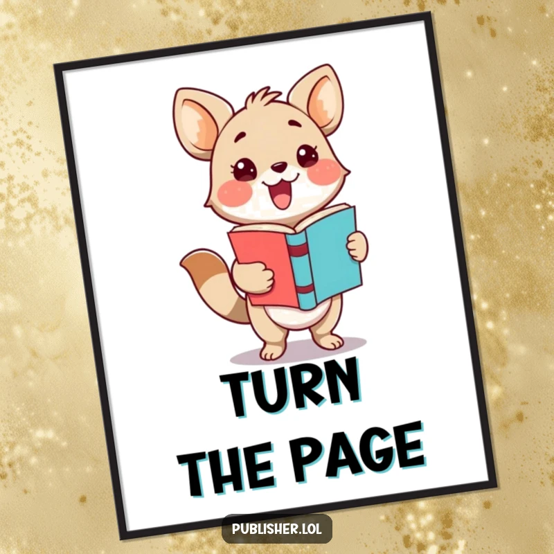 Funny digital art print of an adorable animal character excitedly presenting a finished book with a grand flourish and happy expression.