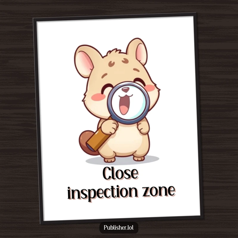 Funny digital art print of an animal character using a magnifying glass, symbolizing curiosity, for instant humorous decor and a funny gift.