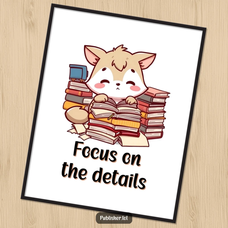 Funny digital art print of an animal character sorting manuscripts, symbolizing focus, for instant humorous decor and a funny gift.