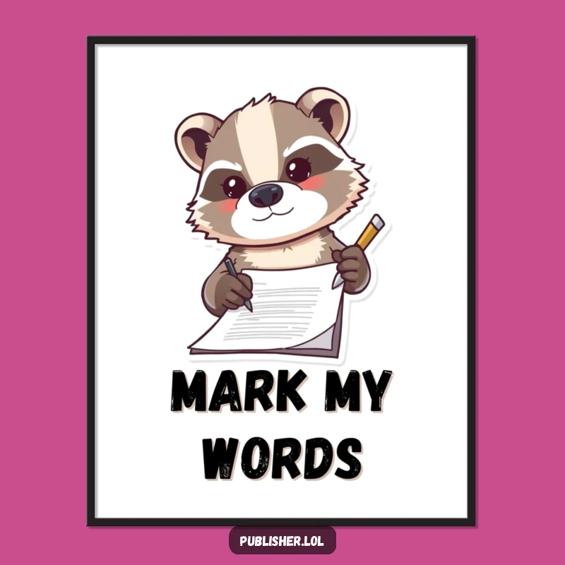 Funny Badger Signing Digital Art Print, Determined Business Decor, Hilarious Office Wall Art