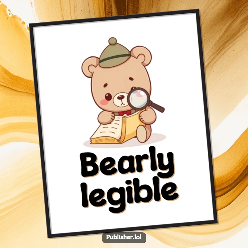 Funny Bear Investigator Digital Art Print: a bear with a hat and magnifying glass studying a manuscript, ideal for study spaces.