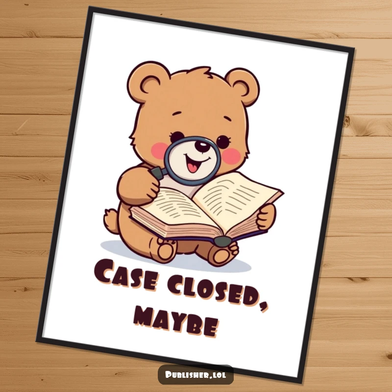 Funny digital art print of a gleeful bear character examining a manuscript with a magnifying glass, ideal for literary-themed decor.