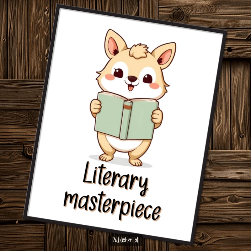 Funny Digital Art Print: High-quality artwork of an animal character presenting a finished book with a grand gesture, perfect for humorous literary decor.