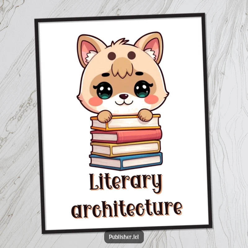 Funny digital art print of a cute animal determinedly stacking books, symbolizing a love for reading and organized knowledge.
