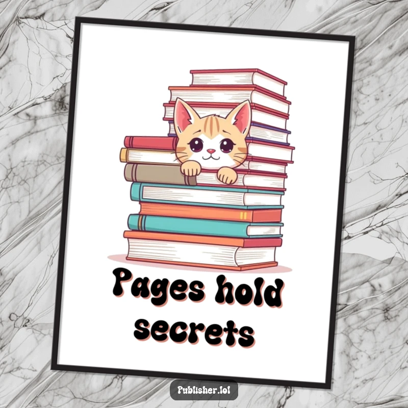 Funny digital art print of a curious cat peeking from behind a stack of books, ideal for instant, humorous home decor.