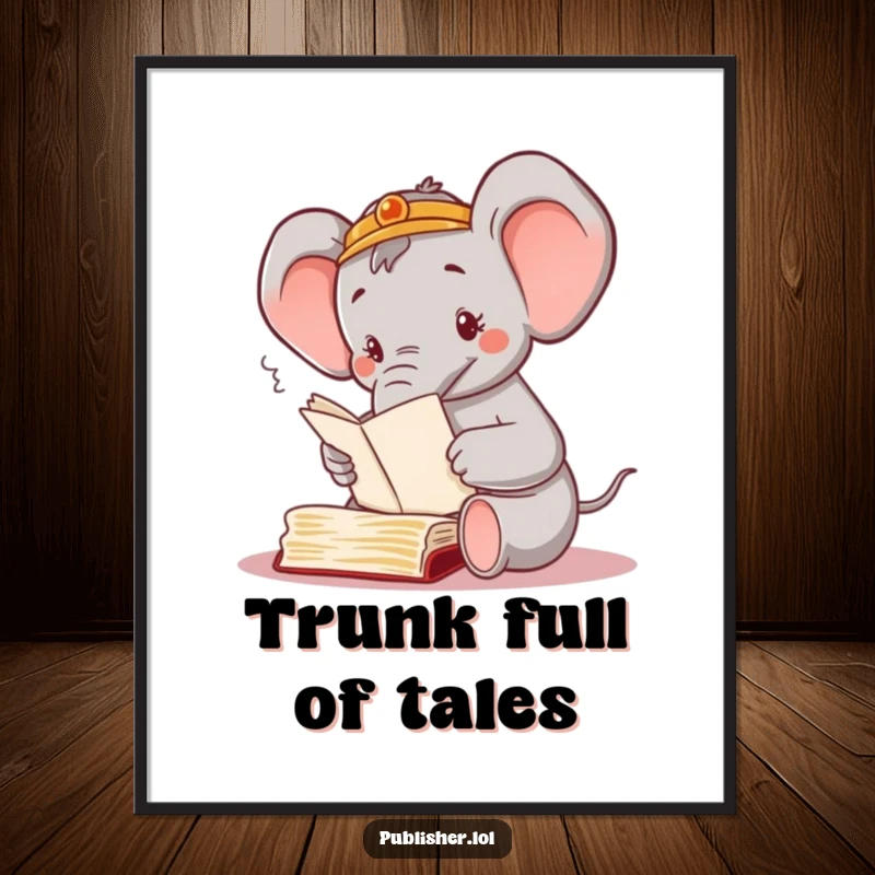 Funny digital art print of a busy elephant character sorting through manuscripts with its trunk, symbolizing organization and happy productivity.