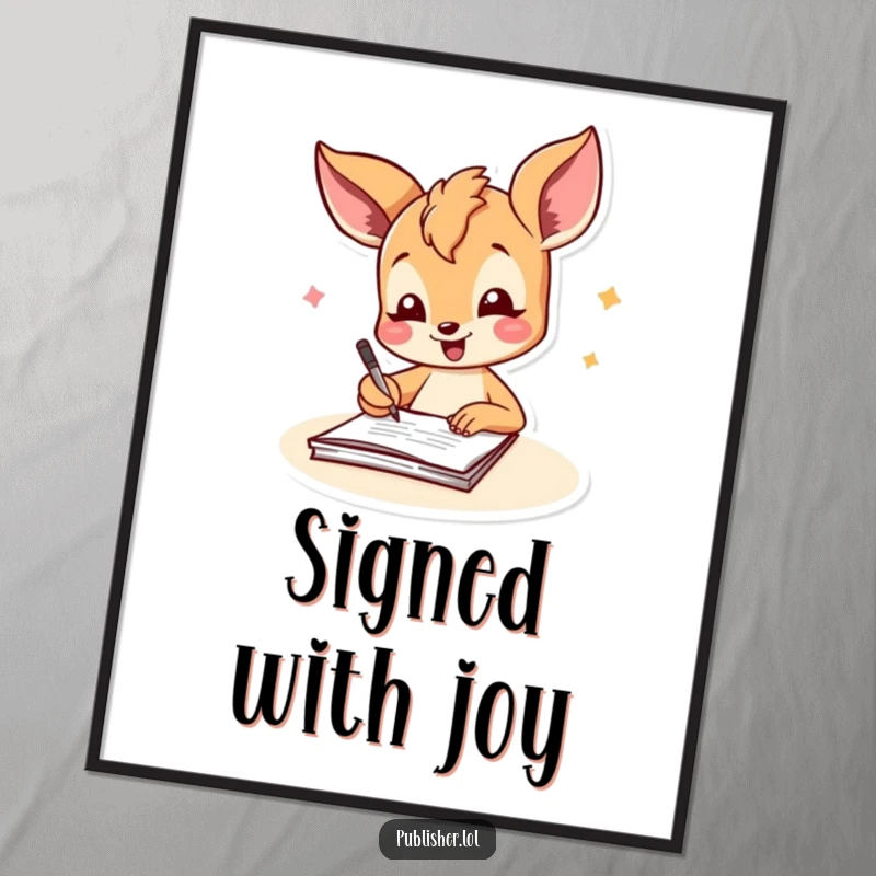 Funny fawn digital art print showing a joyful character signing a document with a cheerful flourish, perfect for celebratory and humorous wall decor.