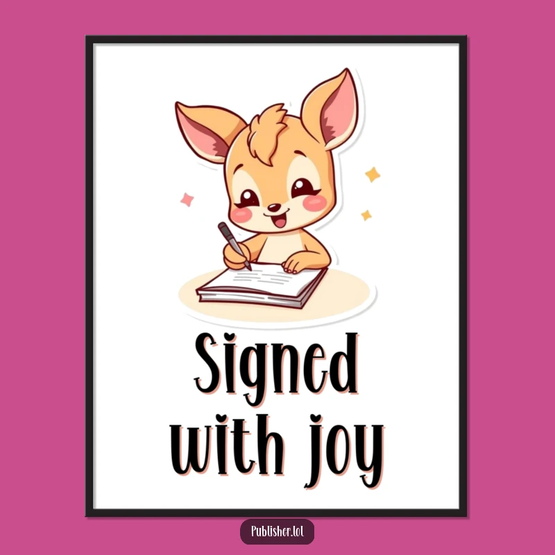 Funny Fawn Signing Document Art Print: Joyful Wall Decor for Celebrations
