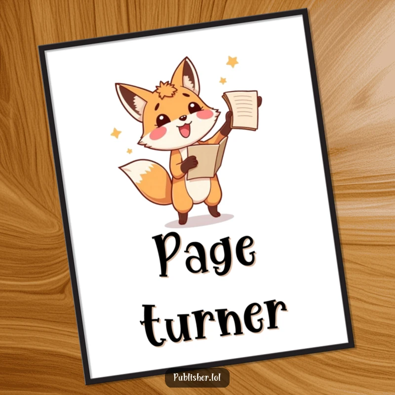 Funny fox digital art print, joyfully tossing a manuscript in the air with amusement, ideal for literary-themed decor.