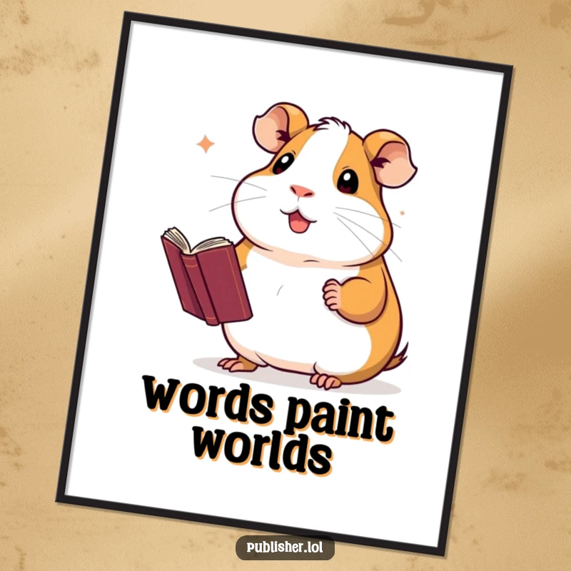 Funny digital art print of a proud guinea pig presenting a novel with a flourish, ideal for instant, humorous home decor.