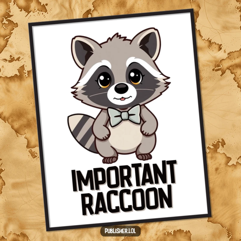 Funny kawaii raccoon digital art print showcasing a dapper character in a bow tie looking important, perfect for elegant and humorous wall decor.
