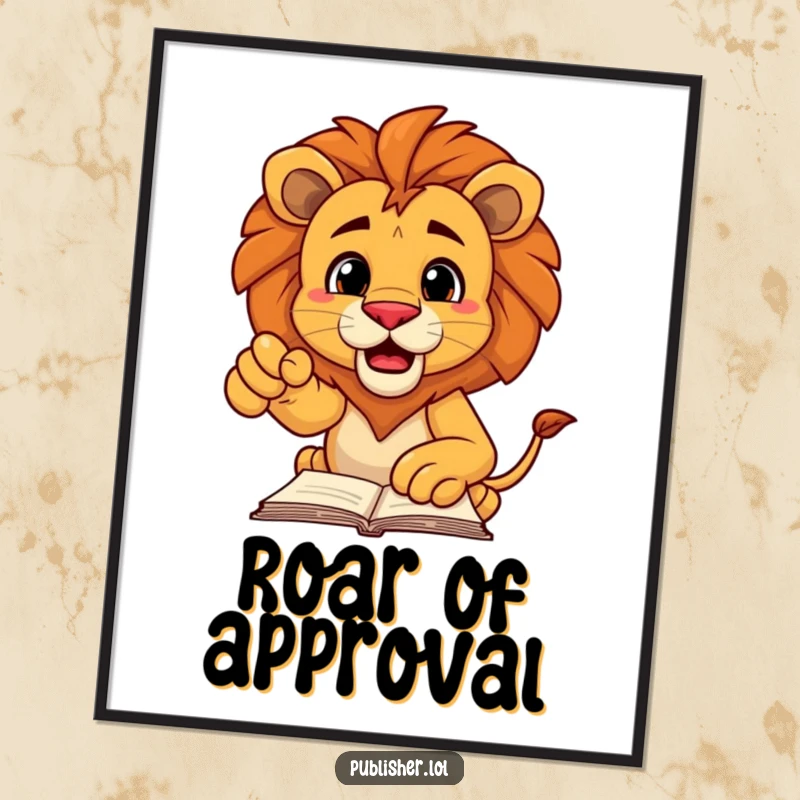 Funny digital art print of a decisive lion character pointing authoritatively at a manuscript, adding a humorous and commanding element to decor.