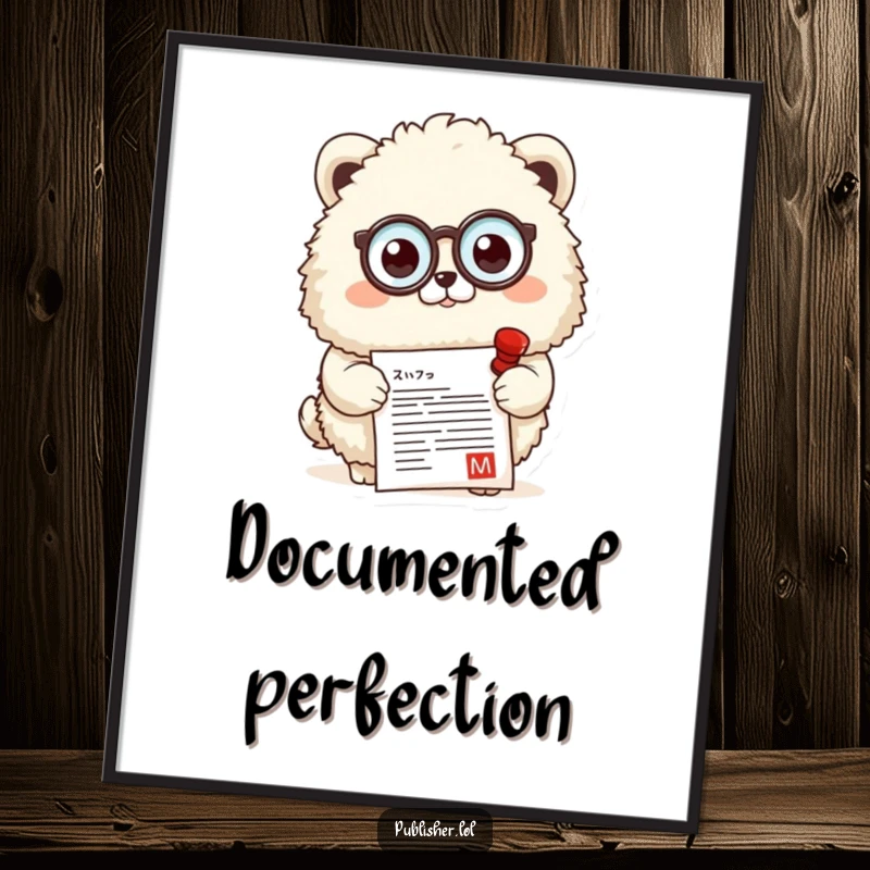 Funny digital art print of a fluffy animal wearing a monocle, approvingly stamping a document, symbolizing sophistication and approval.