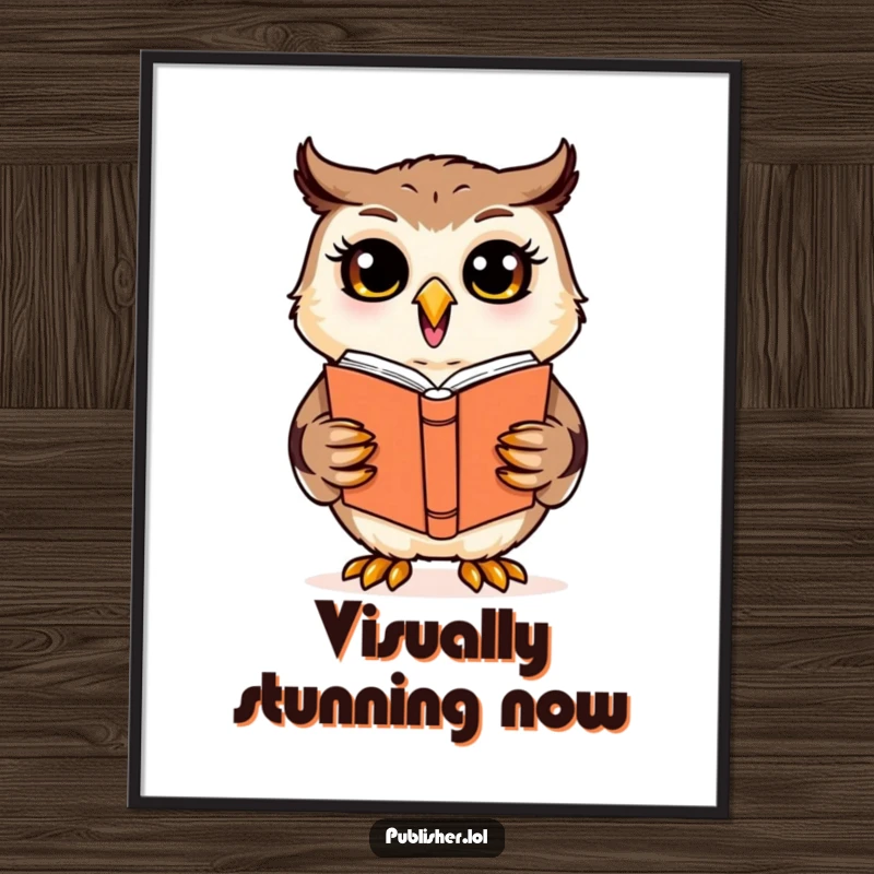Funny cheerful owl character reviewing a book cover design as digital art, offering creative and humorous decor.