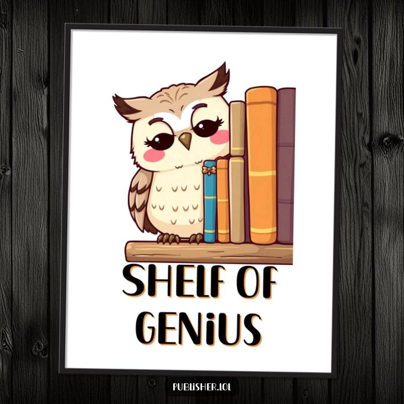 Funny digital art print of a thoughtful owl character surveying a shelf of published works with a serene smile, instant decor for scholars.