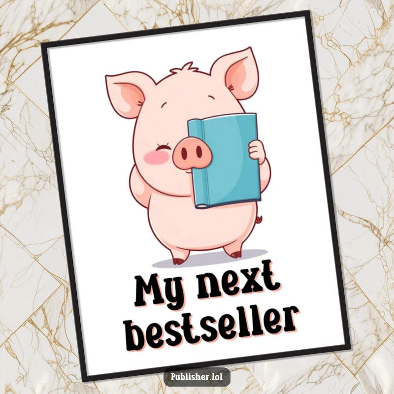 Funny digital art print of a plump, proud pig character holding a newly printed book, celebrating writing.