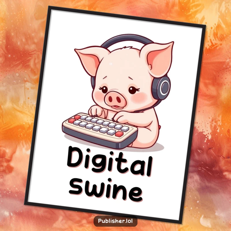 Funny piglet wearing headphones, furiously typing on a miniature keyboard with multiple paws, high-resolution digital art print.