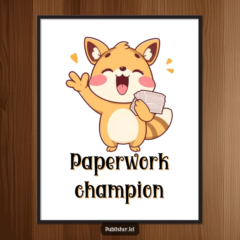 Funny digital art print of a playful animal character cheering with papers, symbolizing joy, for instant humorous decor and a funny gift.