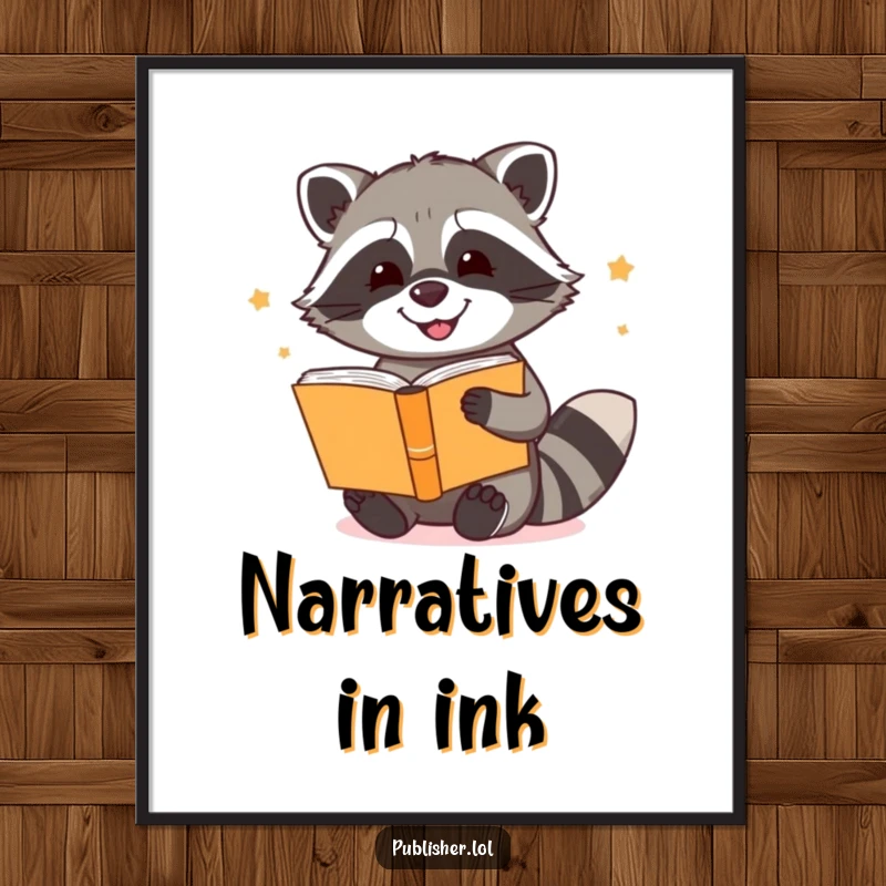 Funny digital art print of a joyful raccoon enthusiastically binding a collection of books, perfect for literary-themed decor and humor lovers.
