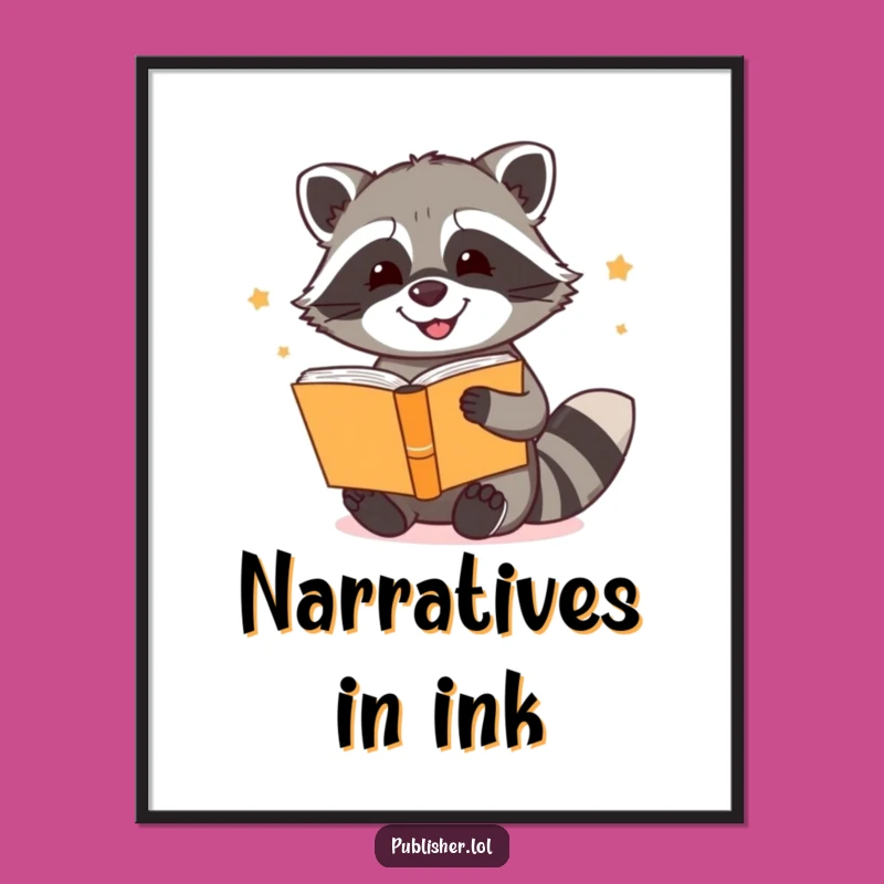 Funny Raccoon Story Binder Digital Art Print: Enthusiastic Reader Decor