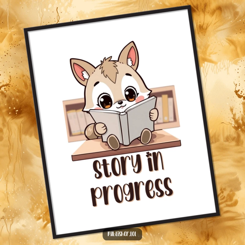 Funny Digital Art Print: A kawaii animal character with wide, focused eyes meticulously reviews a manuscript.