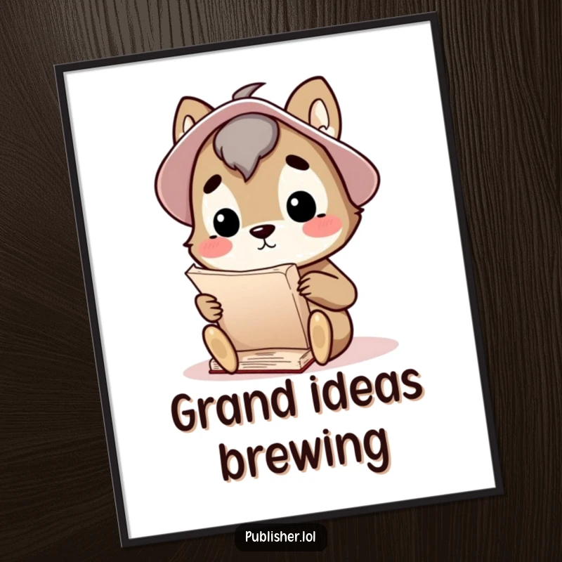 Funny digital art print of a curious animal character thoughtfully considering a large manuscript, perfect for inspiring contemplation and intellectual themes.