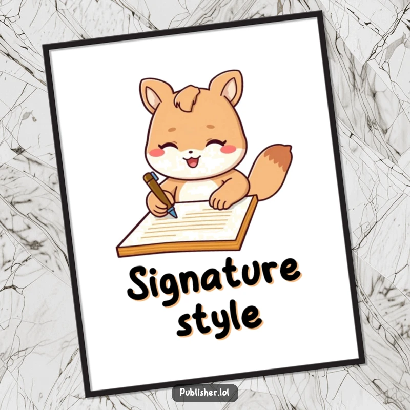 Funny Digital Art Print: High-quality artwork of a friendly animal character signing a document with flair, perfect for humorous professional decor.