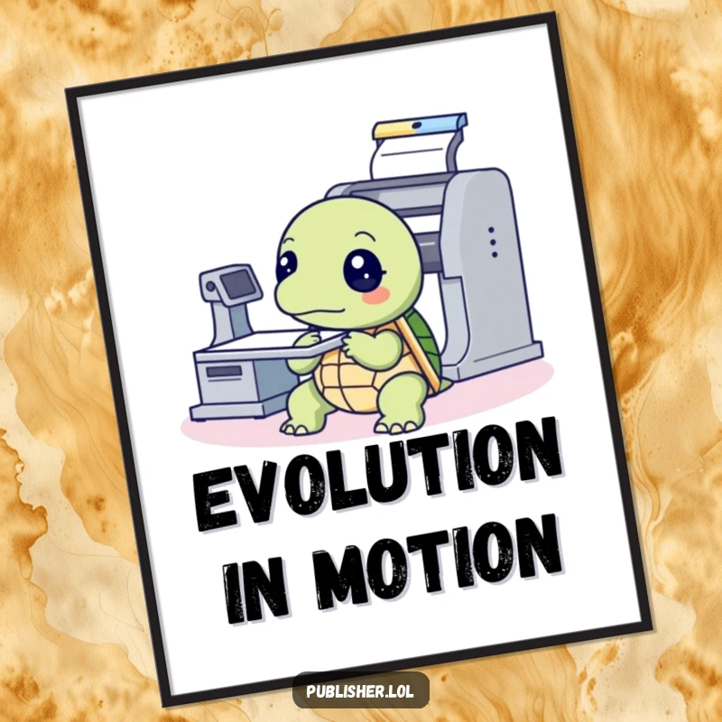Funny Digital Art Print of a thoughtful turtle intently observing a printing press machine, perfect for adding vintage humor and intellectual charm instantly.