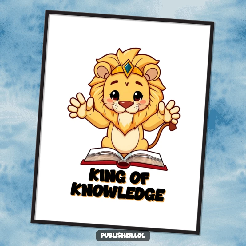 Funny Digital Art Print: Regal lion character gestures authoritatively at a book layout, instant wise humorous decor.