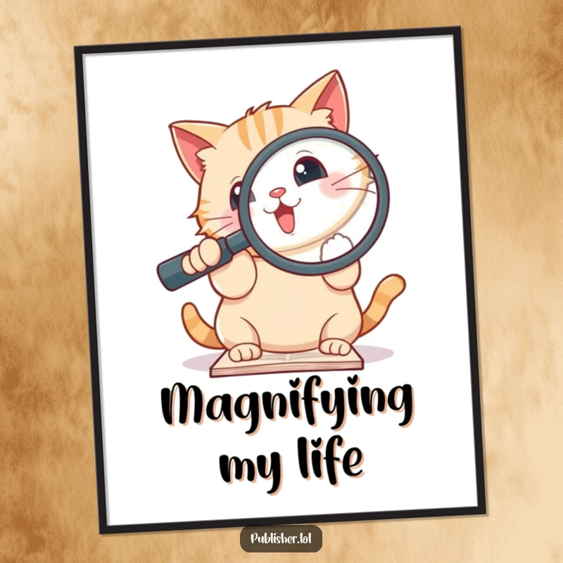 Funny digital artwork of a cute cat enthusiastically holding a giant magnifying glass over a document, ready to be printed.