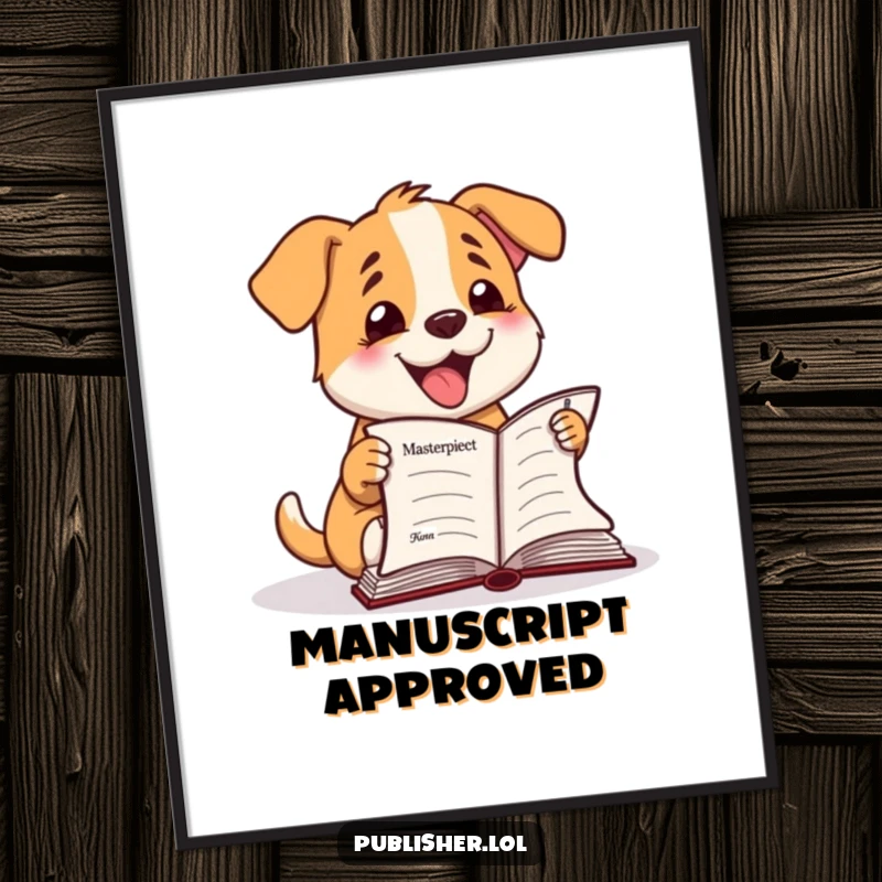 Funny Digital Art Print: Happy dog character barks at a finished manuscript, instant celebratory humorous decor.