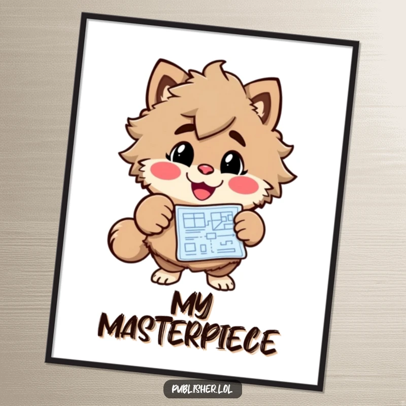 Funny Blueprint Visionary Digital Art Print of a grinning character enthusiastically pointing at a blueprint, celebrating creativity and plans humorously.