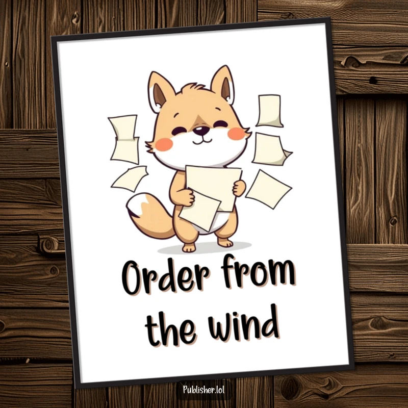 Funny digital art print of a determined animal character expertly managing multiple flapping papers, perfect for inspiring productivity and focus.