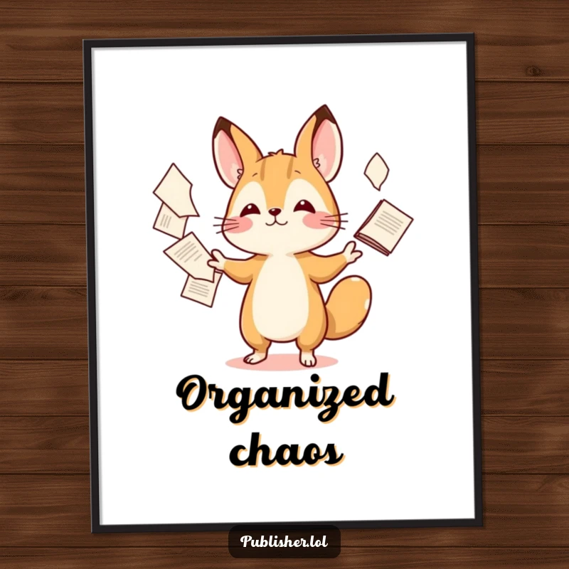 Funny digital art print of a tiny animal character performing an impressive feat of juggling many papers with playful dexterity.