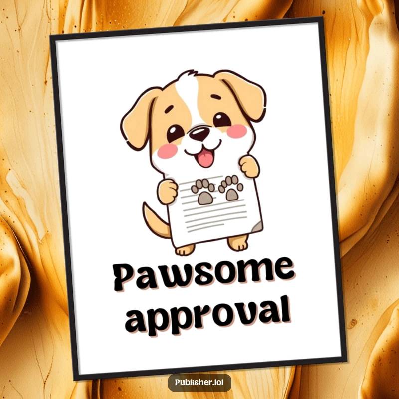 Funny digital art print, cute dog enthusiastically stamping document, happy paw mark, office approval, cheerful and humorous decor for funny gift enthusiasts.