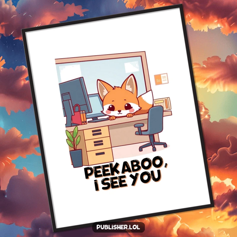 Funny Digital Art Print of a curious fox peeking from behind an office desk, perfect for adding witty humor and charming decor instantly.
