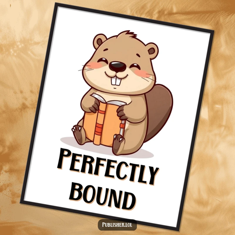 Funny digital art print of a helpful beaver character binding a book with gusto and a satisfied nod, instant decor for bibliophiles.