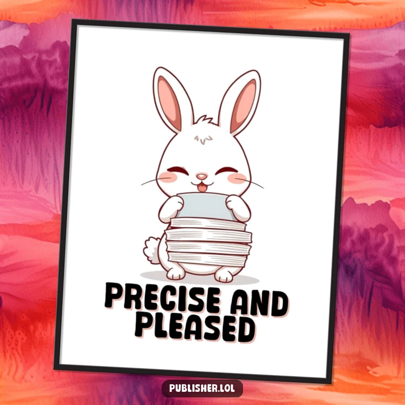 Funny winking rabbit adjusting papers with a meticulous grin, downloadable digital art print.
