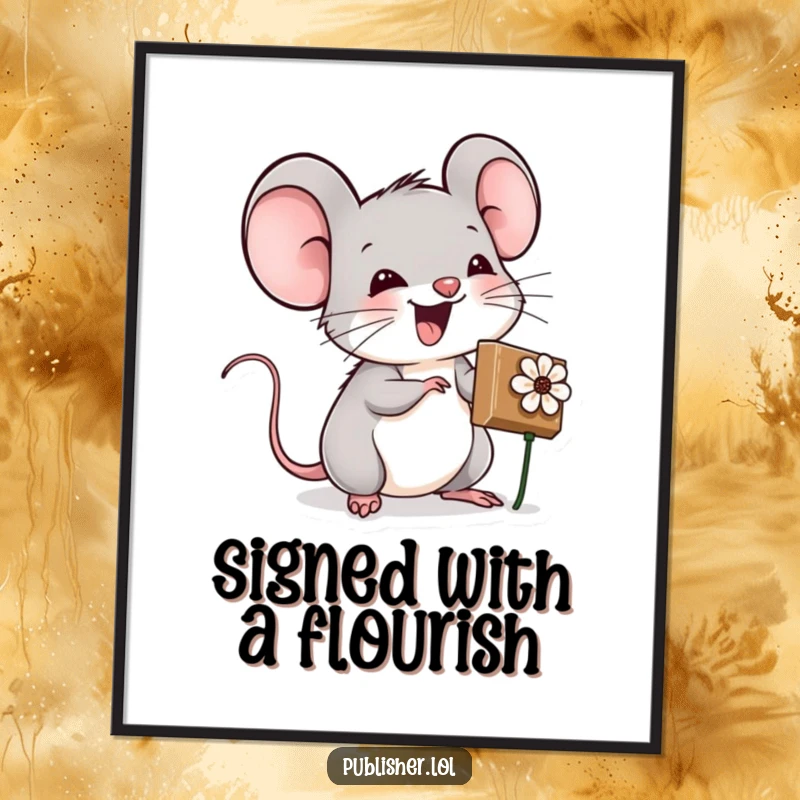 Funny digital art print of an excited mouse character stamping a flower, adding whimsical charm and creative energy to decor.