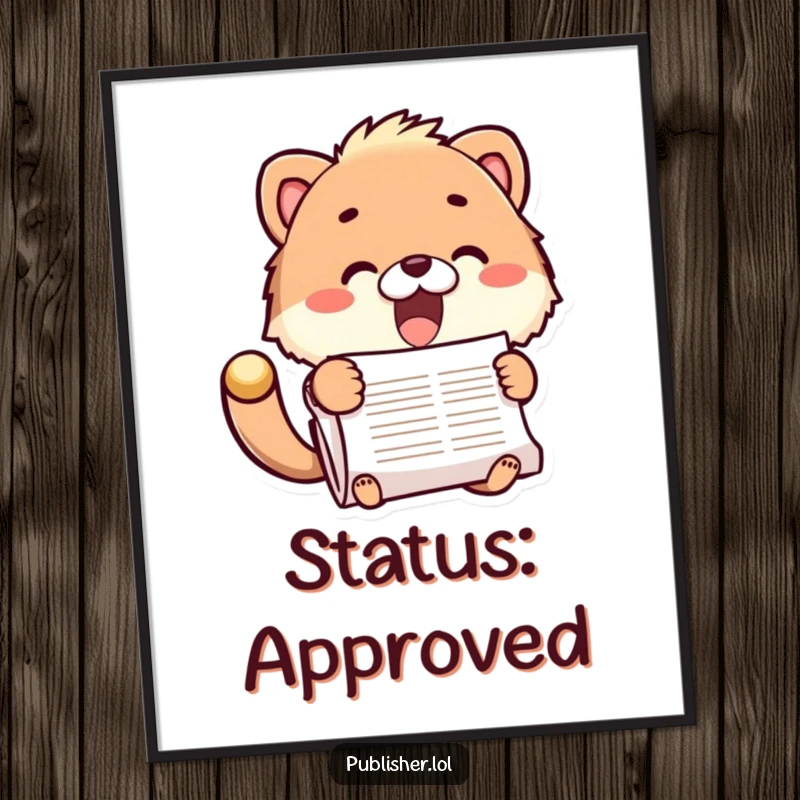 Funny digital art print of a fuzzy animal enthusiastically stamping a document, symbolizing productivity, for instant humorous decor and a funny gift.