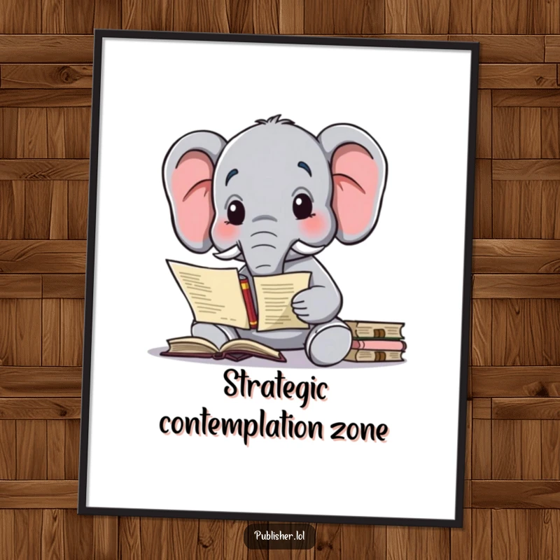 Funny digital art print of a wise elephant character contemplating a complex publishing contract, symbolizing book deals.