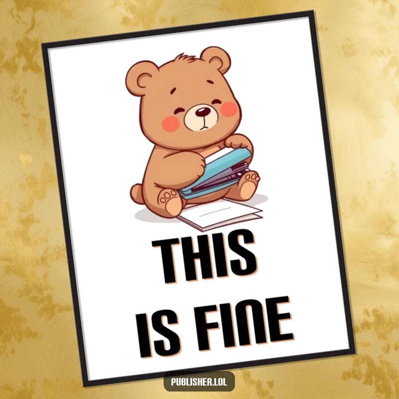 Funny Digital Art Print of a clumsy bear attempting to staple papers with its paw, perfect for adding humorous relatability and charm instantly.