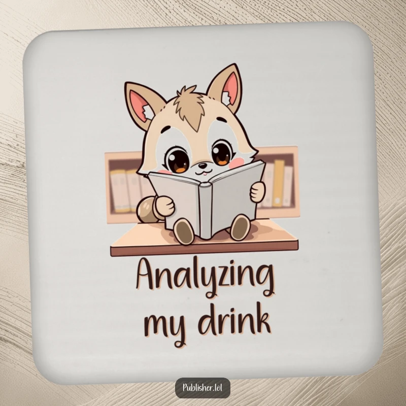 Funny Drink Coaster: A kawaii animal character intently reviews a manuscript with wide, focused eyes.