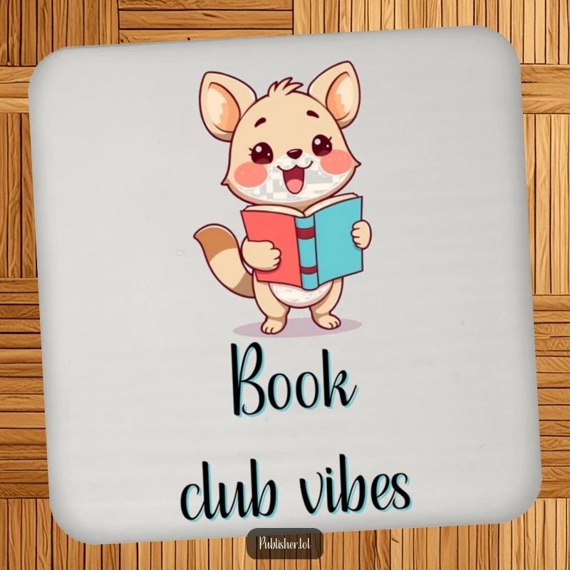 Funny drink coaster showing an adorable animal character proudly presenting a completed book with a flourish, perfect for book lovers.